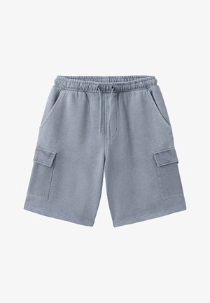 Lichtgrijze shorts met elastische tailleband, trekkoord, zijzakken en cargozakken op elke pijp, afgebeeld op witte achtergrond.