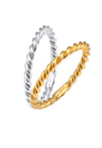 Twistede sølv- og guld ringe. S�ølv ringen har en poleret finish; guld ringen har en blank tekstur med et snoet design.