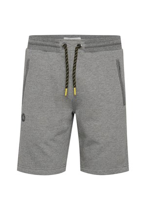 Szürke pamut rövidnadrág textúrált anyagból, rugalmas derékpánttal, fekete és sárga húzózsinórral, valamint két oldalsó zsebbel. Logó részlet a lábon.