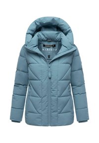 Ljusblå puffjacka med huva, med dragkedja, diagonalt quiltad design och två sidfickor. Mjuk material och bekväm passform.