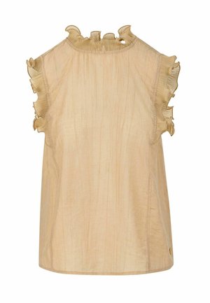 Beige ärmellose Bluse mit gerafften Kanten an Ärmeln und Ausschnitt, mit einer strukturierten Stoffqualität und lockerem Sitz.