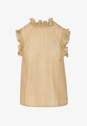 Beige sleeveless blouse with ruffled edges on sleeves and neckline, featuring a textured fabric and loose fit.