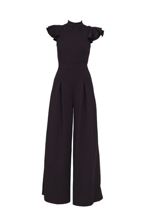 Black jumpsuit made of soft fabric with a high neck, ruffled shoulders, wide-leg pants, and front pleats.