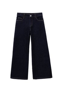 Pantalones vaqueros de mezclilla anchos en azul oscuro con una cintura alta, dos bolsillos frontales, cierre de cremallera y costuras en contraste.