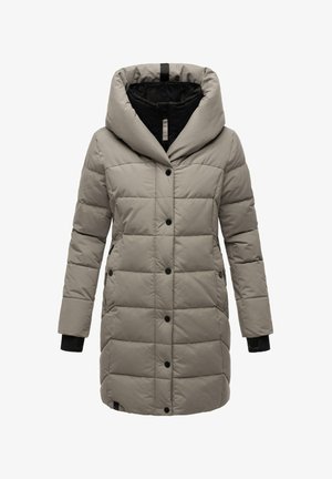 Heledus jope heledas hallis, lai kapuuts, must sisekate, nööbid ja küljetaskud; omab tikandit ja pikki varrukaid.