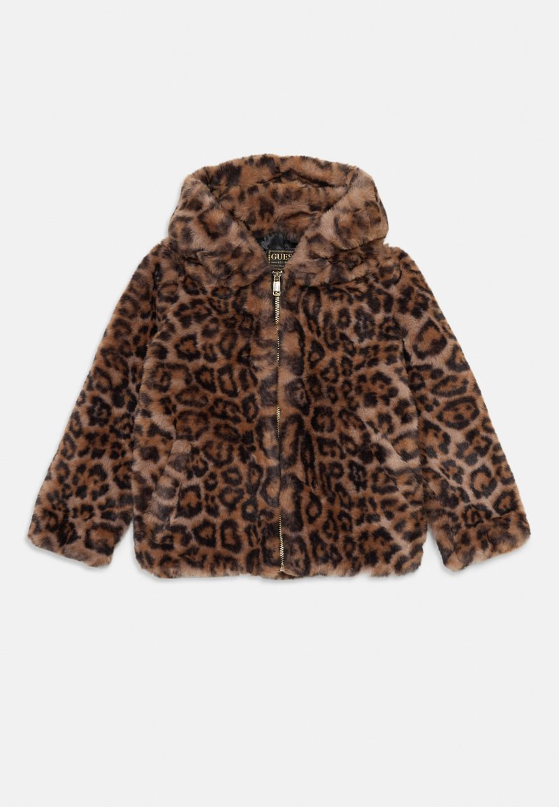 Leopard print faux fur jacket with a hood, zip closure, and two front pockets. Brown and black color scheme. Soft texture.