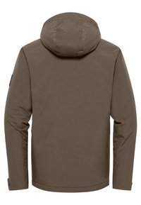 Giacca impermeabile marrone con cappuccio, maniche lunghe e polsini regolabili. Texture liscia senza motivi o dettagli hardware visibili.