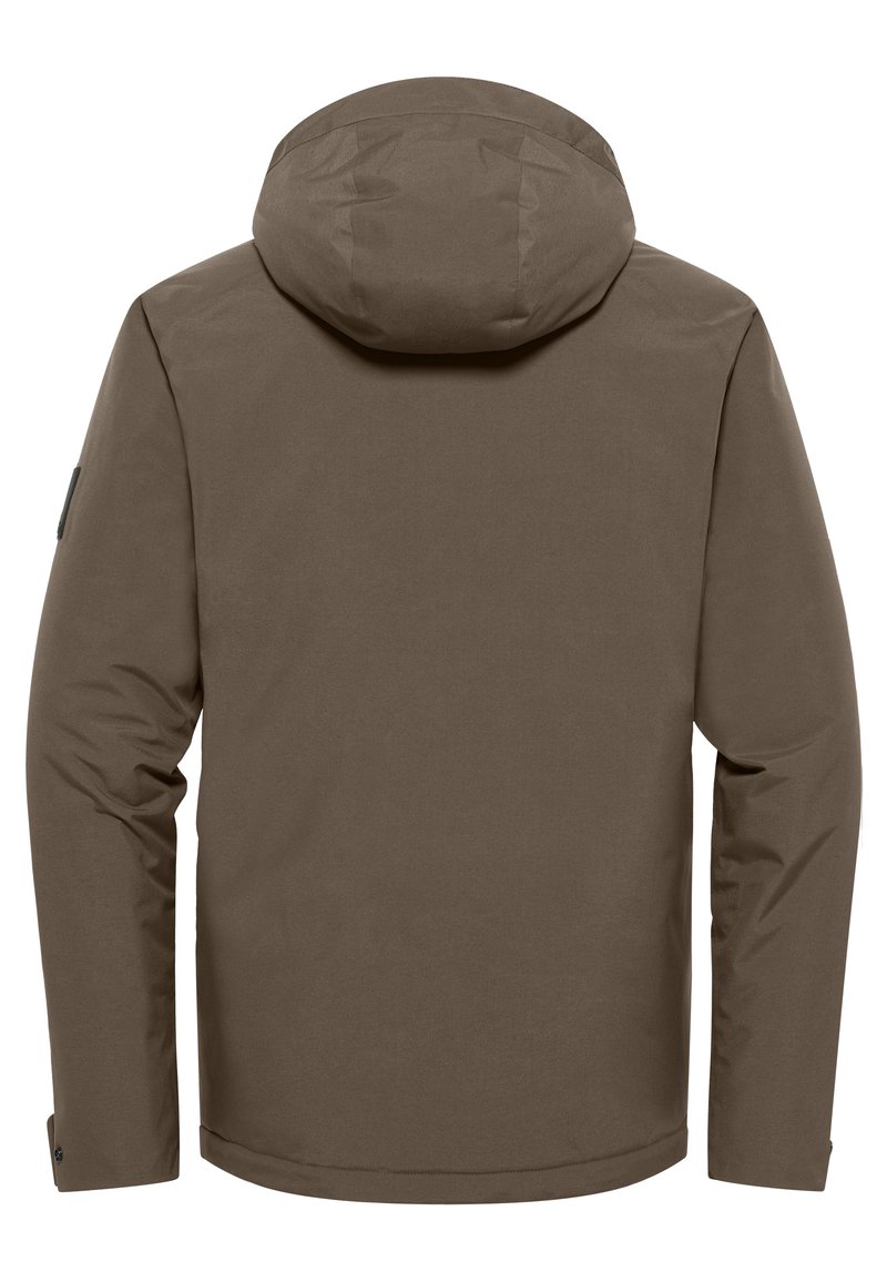Braune wasserabweisende Jacke mit Kapuze, langen Ärmeln und verstellbaren Manschetten. Glatte Textur ohne sichtbare Muster oder Hardwaredetails.