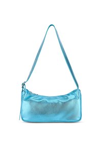 Metallic turquoise shoulder bag with a smooth texture, oval shape, zipper closure, and a long strap featuring decorative accents.