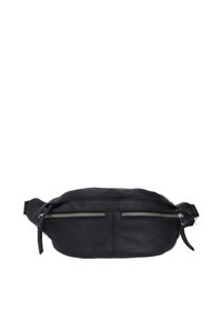 Marsupio in pelle nera di forma arrotondata, con una tasca frontale con zip e una tracolla regolabile. Texture morbida con dettagli in metallo argentato.
