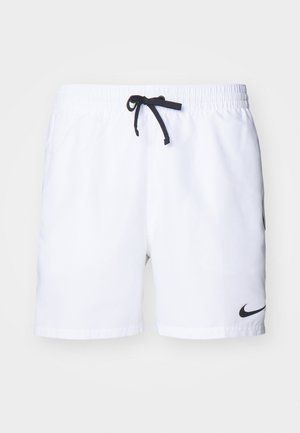 Pantalones cortos deportivos blancos con cintura elástica, cordón negro y un logo de Nike negro en el lado inferior. Tela suave y ligera.
