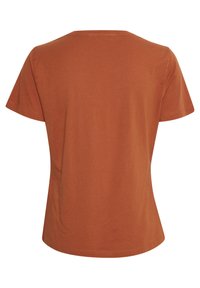 Trumpomis rankovėmis marškinėliai rūdžių oranžinės spalvos, pagaminti iš minkštos medvilnės. Turi apvalų iškirptę ir laisvą siluetą, su tvarkingomis siūlėmis palei kraštus.