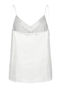 Camisole en satin blanc avec des bretelles spaghetti réglables, présentant un devant en V superposé et une texture lisse et brillante. Sans motifs ni accents.