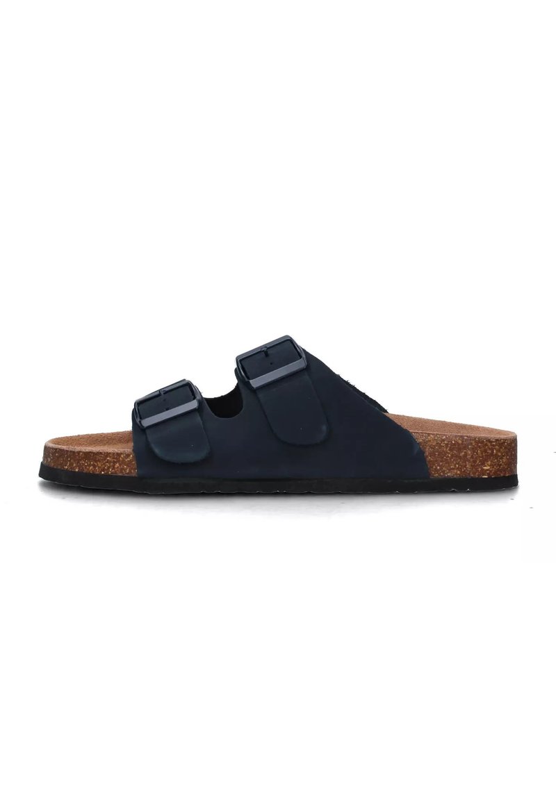 Infradito nere con due cinturini regolabili con fibbie, soletta in sughero e suola in gomma texturizzata. La parte superiore è liscia e opaca.