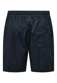 Pantaloni corte neri realizzati in tessuto leggero, dotati di una vita elastica, tasca laterale e un taglio dritto con dettagli di cucitura minimi.