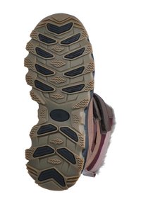 Bruine winterlaarzen met een zool van gestructureerd zwart rubber voor grip. Heeft een robuust ontwerp met contrasterende beige secties en een taillehoog profiel.