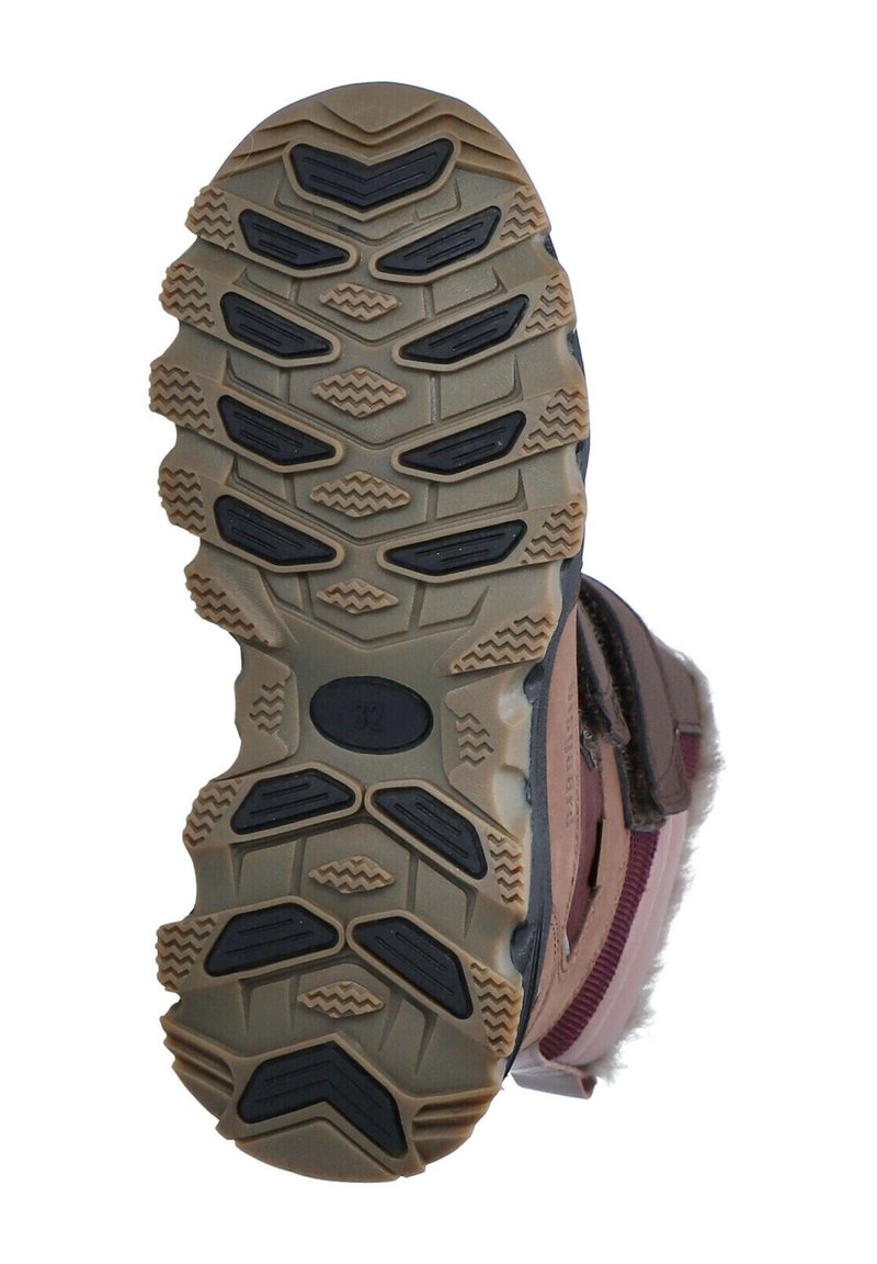 Brauner Winterstiefelsohlen mit strukturiertem schwarzen Gummigrip-Muster. Verfügt über ein robustes Design mit kontrastierenden beigen Abschnitten und einem kniehohen Profil.