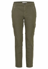 Pantalons cargo verts olive avec une coupe fuselée, dotés de poches avant zippées, de poches latérales et d'une fermeture à bouton. Fabriqués à partir d'un tissu durable.