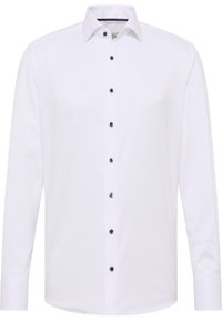 Weißes Langarmhemd mit durchgehender Knopfleiste, ausgestattet mit schwarzen Knöpfen und einem klassischen Kragen. Glattes Material mit einem sauberen, schlichten Design.