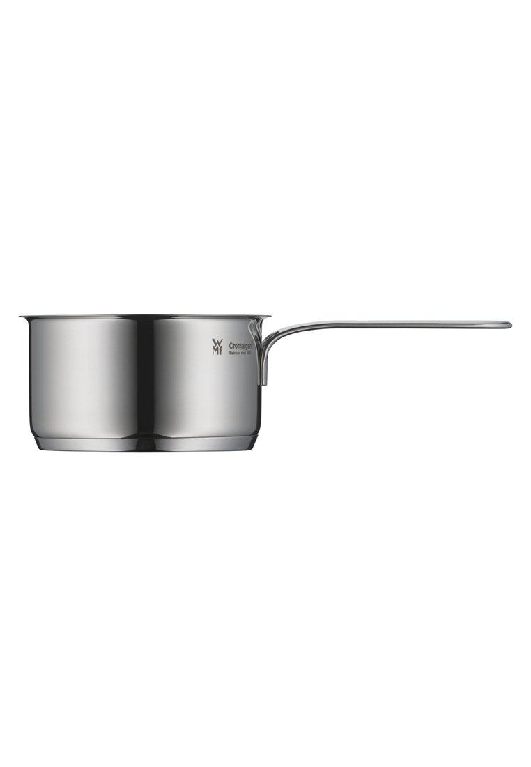 Edelstahl-Saucepan mit langem Griff, polierter Oberfläche und WMF Cromargan-Branding an der Seite.