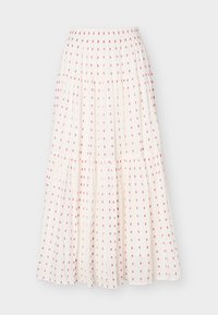 Λευκή πλισέ μακριά φούστα με μικρά κόκκινα λουλουδάτα σχέδια και ελαστική μέση, εμφανίζεται σε μονόχρωμο φόντο.