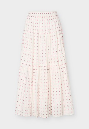 Jupe maxi plissée blanche avec petits imprimés floraux rouges et taille élastique, présentée sur un fond uni.