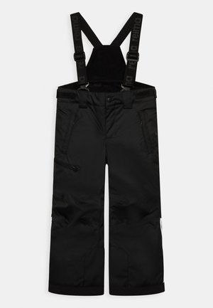 Pantaloni da neve neri impermeabili con bretelle regolabili, tasche con zip e orli rinforzati per una maggiore durabilità. Texture liscia e design funzionale.