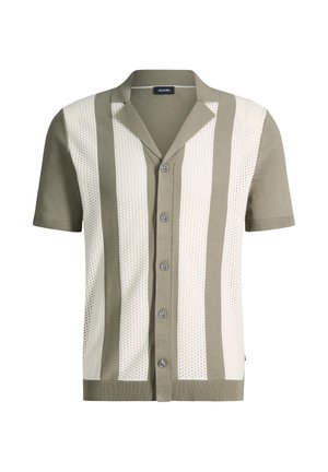 Kurzärmliges Strickhemd mit Knopfleiste, vertikalen beigefarbenen und elfenbeinweißen perforierten Streifen, offenem Kragen sowie geripptem Saum und Bündchen.