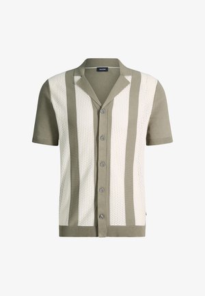 Kurzärmliges Strickhemd mit Knopfleiste, vertikalen beigefarbenen und elfenbeinweißen perforierten Streifen, offenem Kragen sowie geripptem Saum und Bündchen.