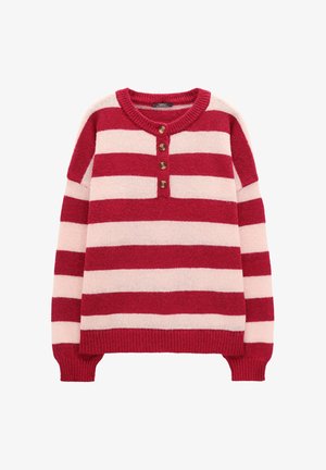Czerwono-różowy sweter w paski z okrągłym dekoltem, pięcioma guzikami i ściągaczami na rękawach oraz na dole. Miękka dzianina o teksturowanym wykończeniu.