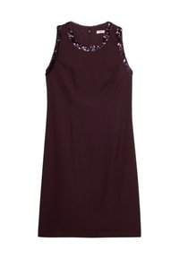 Sukienka bez rękawów w głębokim burgundzie, z ozdobami z cekinów na ramionach i prostym krojem. Zapięcie na zamek na plecach; gładka faktura materiału.