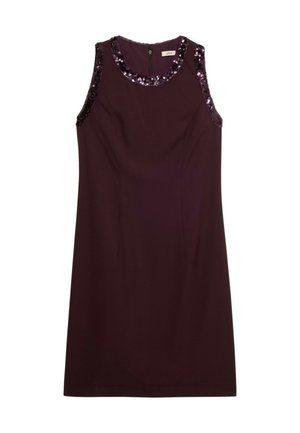 Abito senza maniche in un profondo bordeaux, con spalle decorate da paillettes e taglio dritto. Chiusura con cerniera posteriore; tessuto dalla texture liscia.