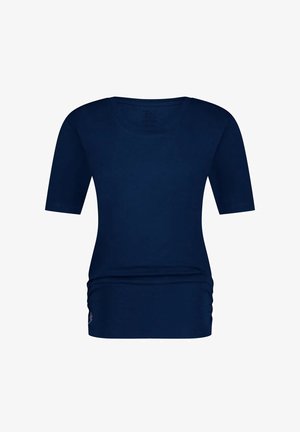 Navyblauw overhemd met korte mouwen van zachte stof; heeft een ronde halslijn en een geplooid detail bij de taille voor een getailleerd uiterlijk.