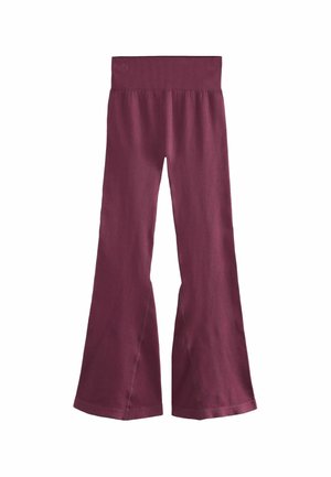 Ribbed burgundy flared pants with an elastic waistband, featuring a smooth texture and a relaxed fit, designed for comfort and flexibility.