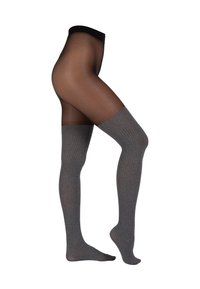 Opake schwarze Oberschenkel-hohe Strümpfe mit einem gerippten grauen oberen Rand. Das Material sieht glatt und dehnbar aus und schmiegt sich an die Beinform an.