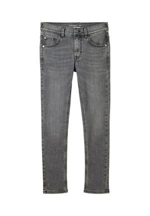 Jean slim gris avec bouton et fermeture éclair à l'avant, cinq poches et passants de ceinture, présenté à plat sur fond blanc.