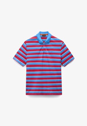 Short-sleeve polo shirt with horizontal red and light blue stripes, blue collar, and small embroidered flag on chest.