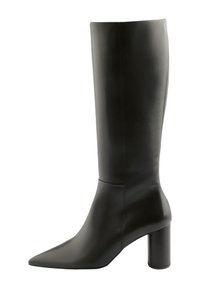Black leather knee-high boot with a pointed toe and a cylindrical heel. Smooth texture with minimal stitching details.