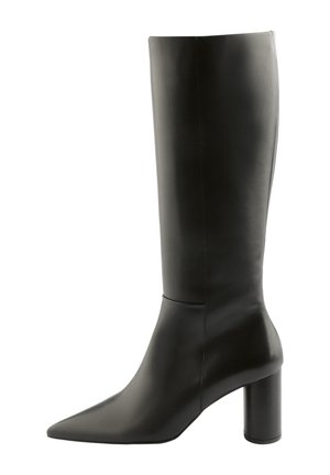 Black leather knee-high boot with a pointed toe and a cylindrical heel. Smooth texture with minimal stitching details.