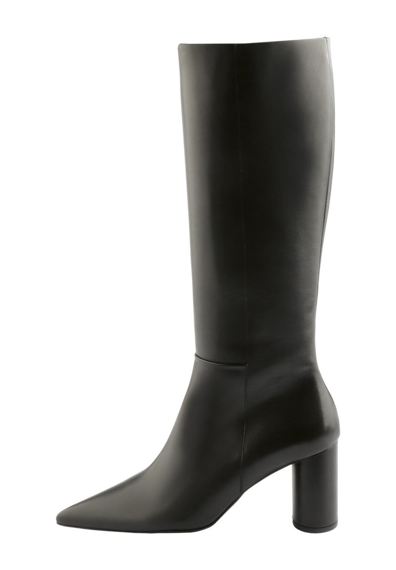 Black leather knee-high boot with a pointed toe and a cylindrical heel. Smooth texture with minimal stitching details.