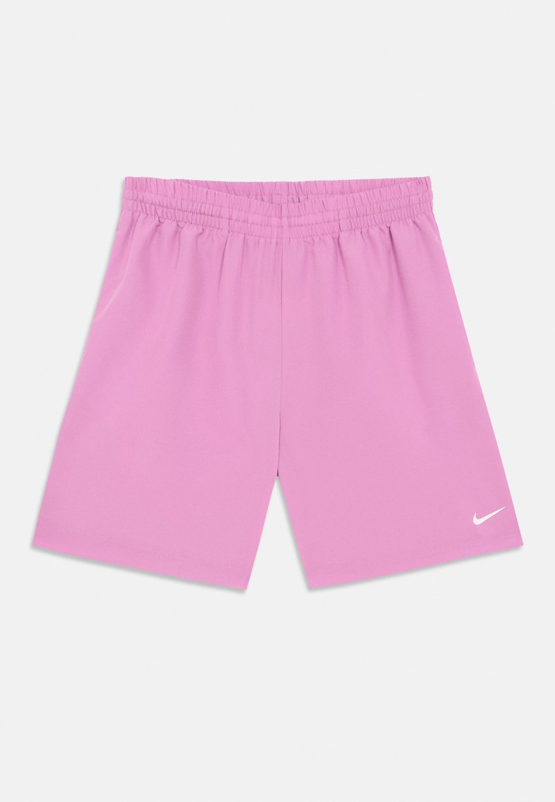 Rosa treningsshorts med elastisk midje, glatt tekstur og en liten hvit Nike-logo nederst til høyre.