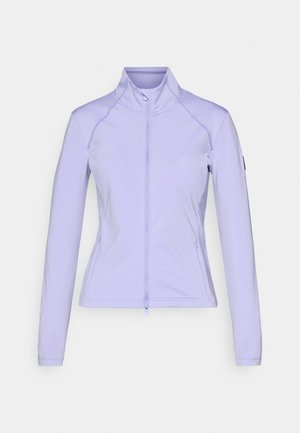 Lichtpaarse zip-up jack met lange mouwen, hoge kraag en een aansluitend ontwerp. Bevat zijzakken en een textuurstof voor flexibiliteit.