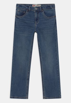 Jean en denim bleu Levi's avec une coupe droite, cinq poches, délavage subtil et détails de couture classiques. Boutons métalliques à la taille.