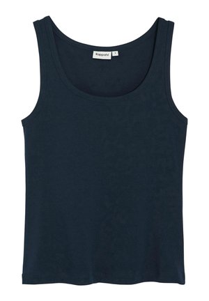 Débardeur en coton bleu marine avec un col rond et de larges bretelles, présentant une texture lisse et un ourlet droit. L'étiquette est visible à l'intérieur.