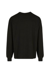 Black long-sleeve shirt, made of soft fabric, features a crew neck, loose fit, and elasticized cuffs. Smooth texture with no visible patterns.