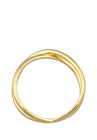 Goldfarbener, gedrehter Ring mit glattem, poliertem Metall und einem Doppelband-Design, das eine elegante, kontinuierliche Schleife bildet.
