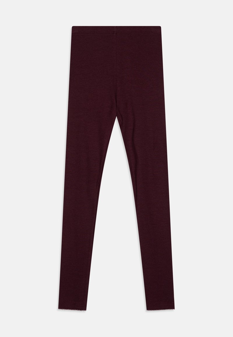 Burgundy leggings made of soft fabric, featuring a fitted design, seamless waistband, and scalloped hem details at the ankles.
