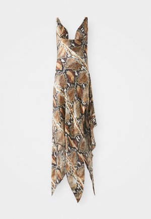 Robe sans manches avec un décolleté en V, ornée d'un motif serpent dans des tons de marron, noir et crème. Tissu fluide avec un ourlet pointu.