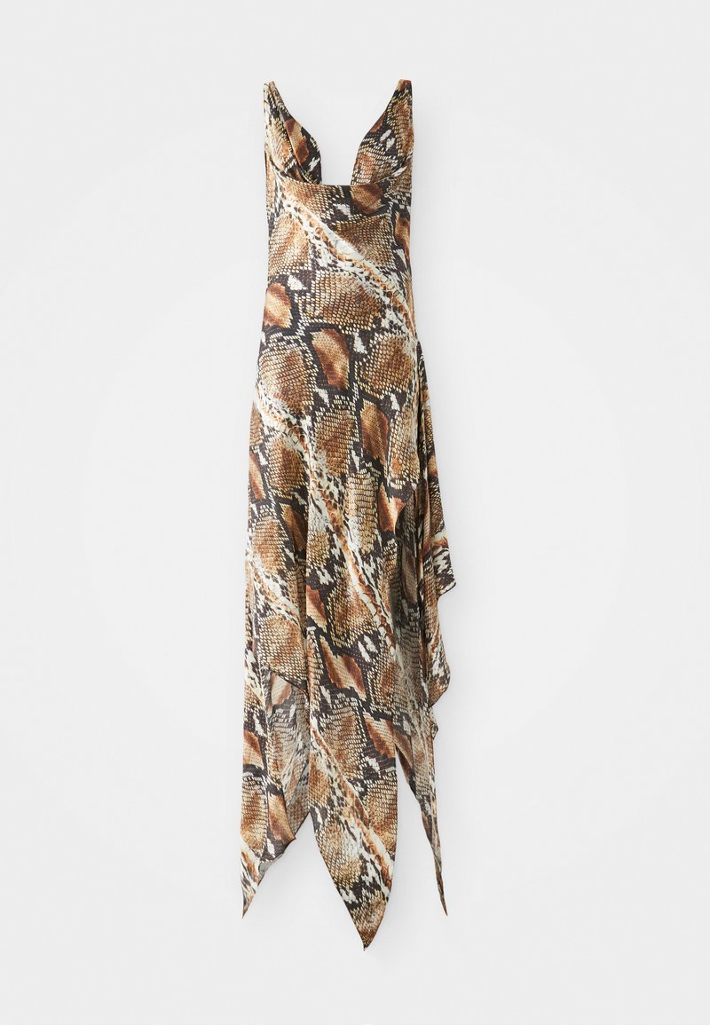 Αμάνικο φόρεμα με V-λαιμόκοψη, που διαθέτει σχέδιο φίδι σε καφέ, μαύρο και κρέμα. Ροή υφάσματος με αιχμηρές άκρες.