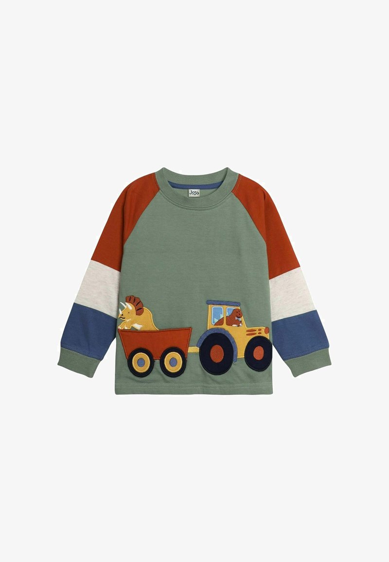 Grünes Langarmshirt mit orangen und blauen Raglanärmeln, mit einem Traktor-Graphic, der einen Löwen und einen Hund in einem Anhänger zeigt, mit gestickten Details.